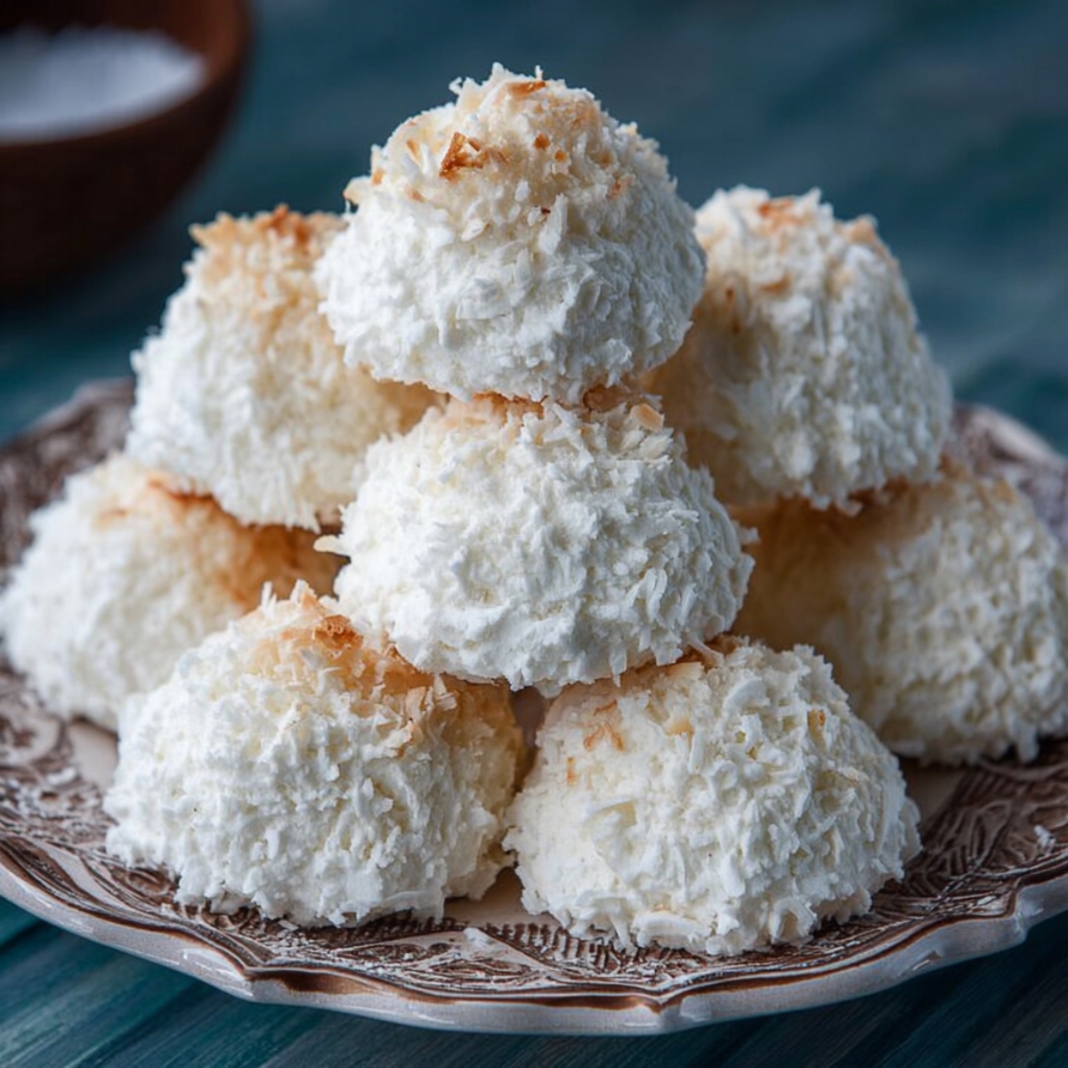Easy Coconut Meringue Cookies Recipe stacked on a vintage plate, fluffy with shredded coconut and golden toasted tops.