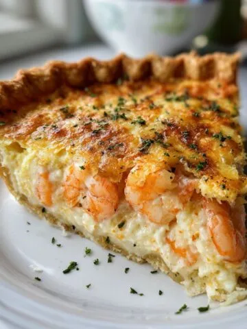 Easy Florida Shrimp Pie Recipe with a golden flaky crust, creamy filling packed with shrimp, and a crispy browned top sprinkled with herbs on a white plate.