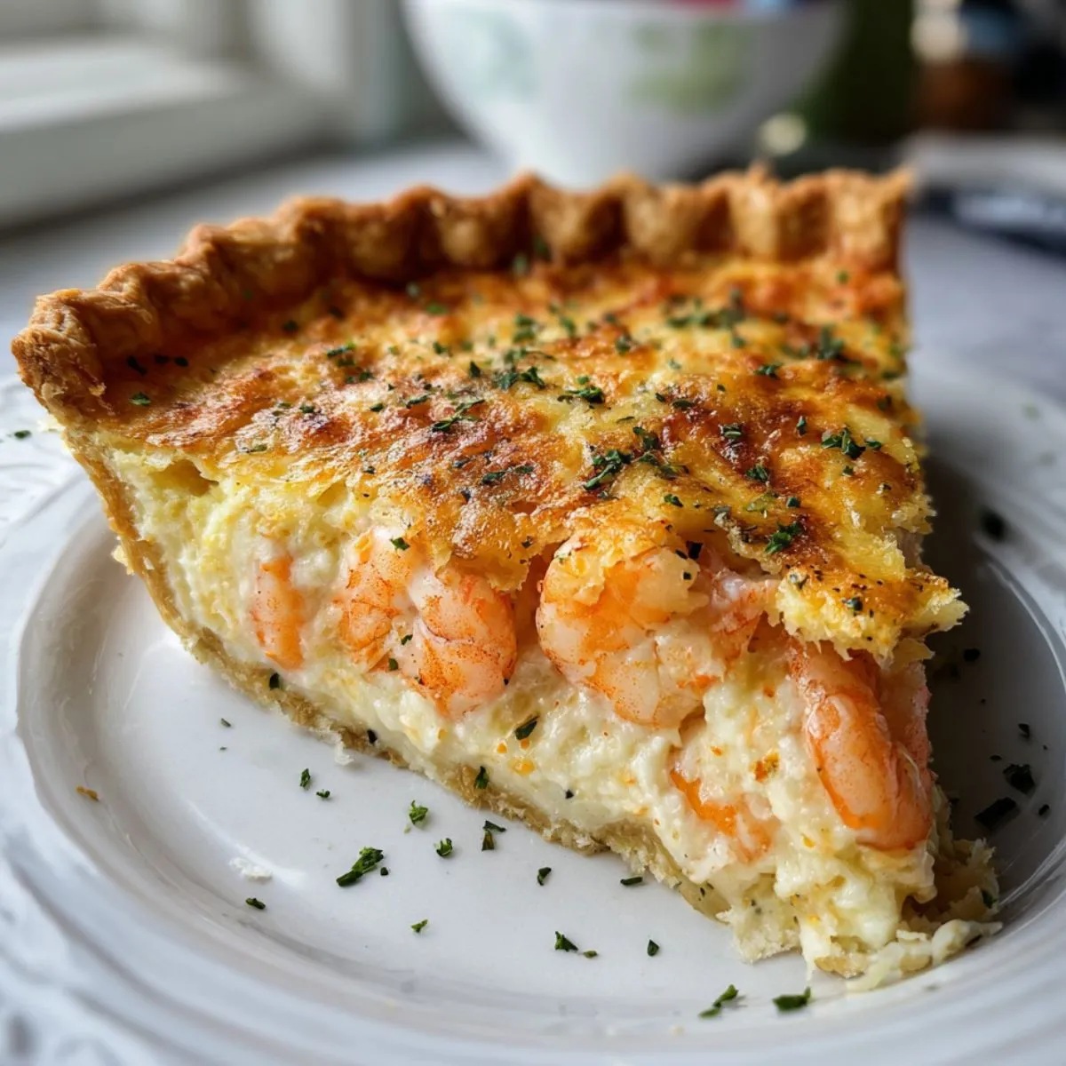 Easy Florida Shrimp Pie Recipe with a golden flaky crust, creamy filling packed with shrimp, and a crispy browned top sprinkled with herbs on a white plate.