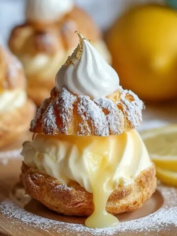 Easy Lemon Cream Puffs Recipe filled with whipped cream and lemon curd, dusted with powdered sugar, on a white plate with fresh lemons in the background.