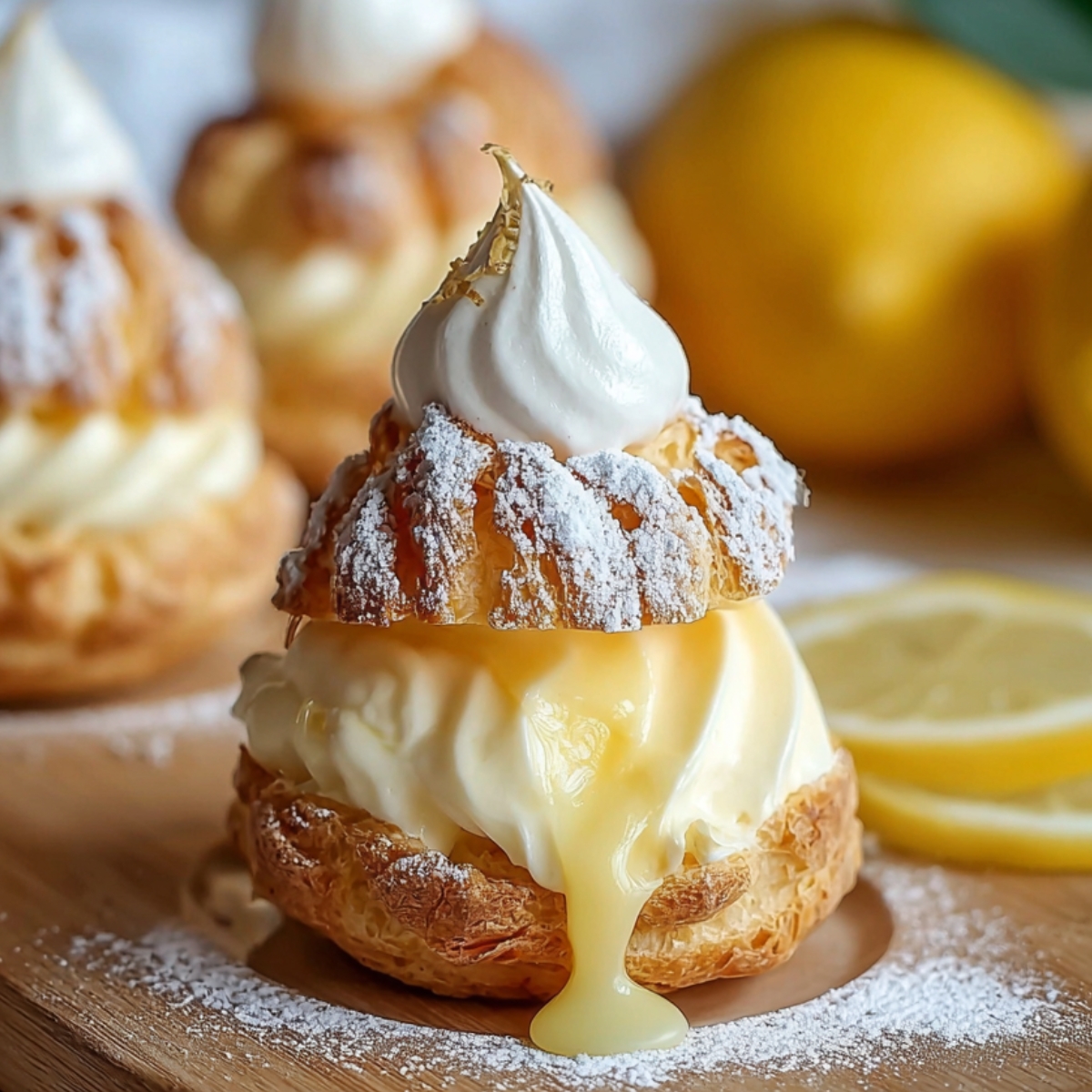 Easy Lemon Cream Puffs Recipe filled with whipped cream and lemon curd, dusted with powdered sugar, on a white plate with fresh lemons in the background.