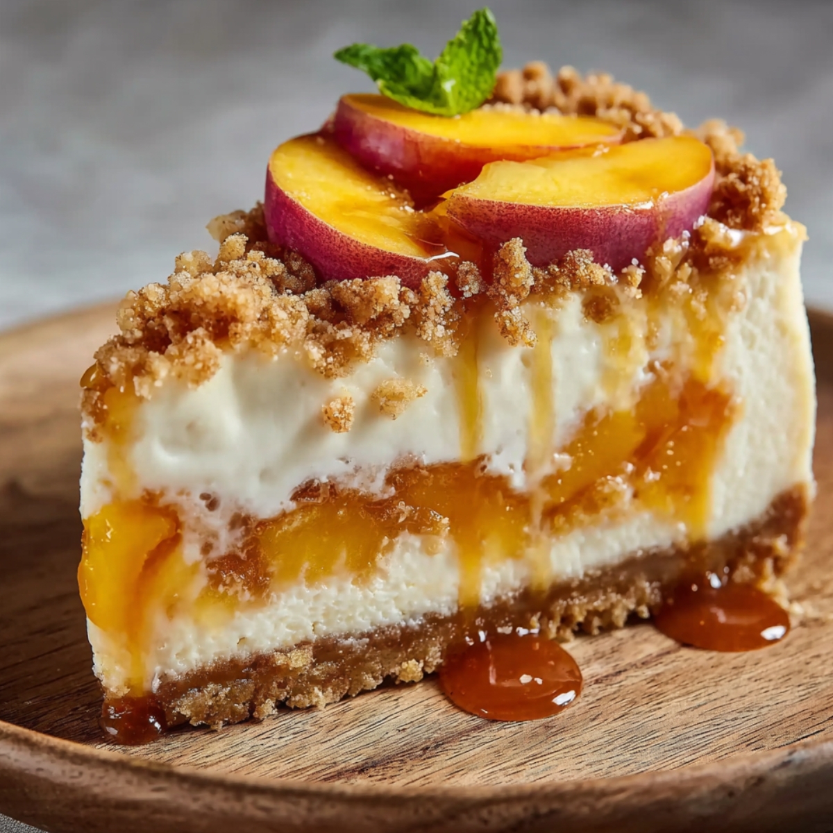 Easy Peach Crumble Cheesecake Recipe on a wooden plate, with creamy layers, caramelized peach slices, a crumbled topping, and golden caramel sauce dripping down. Fresh mint garnishes the top.
