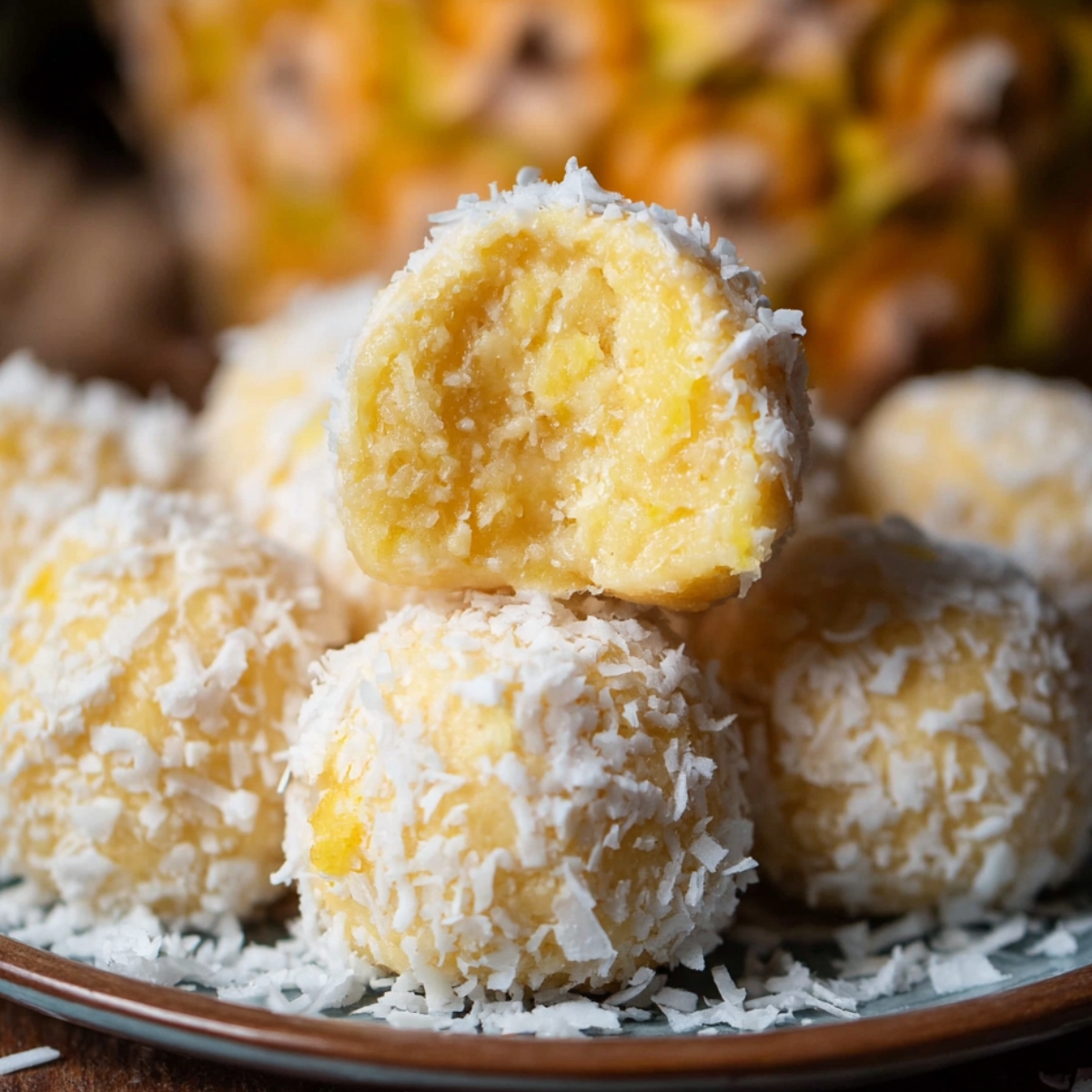 Easy Pineapple Coconut Balls on a plate, one with a bite showing soft fruity center.