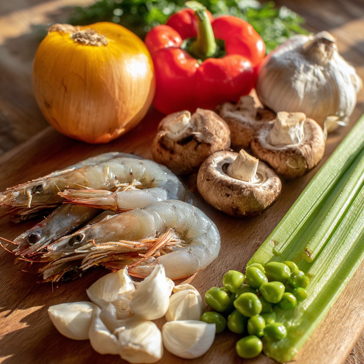 A realistic photo of fresh shrimp, garlic, peas, celery, mushrooms, onion, and red bell pepper on a wooden cutting board in warm natural light.