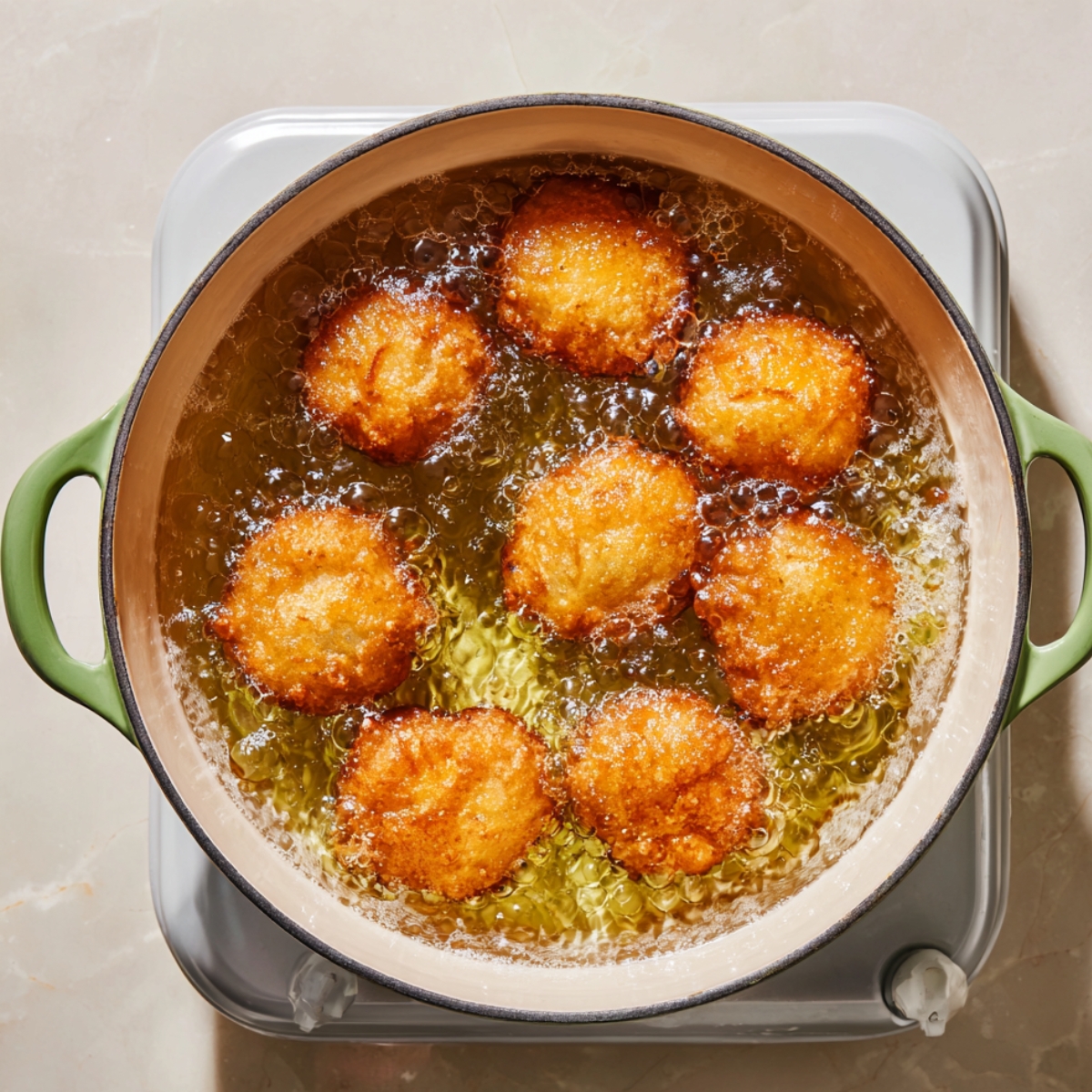 Golden apple fritters frying in bubbling hot oil inside a wide pot with green handles, placed on a stovetop. The fritters are crisping to a deep golden brown, with sizzling oil surrounding them, creating a homemade rustic look.