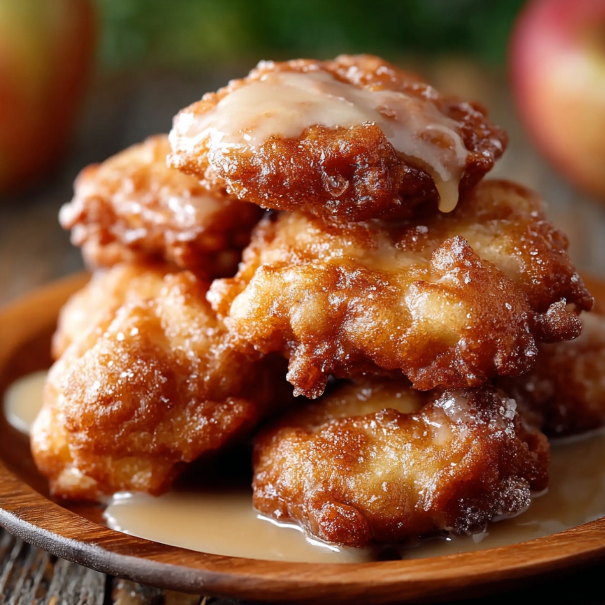 Homemade apple fritters stacked on a wooden plate, golden brown with a craggy texture and shiny glaze dripping down, with apples blurred in the background.