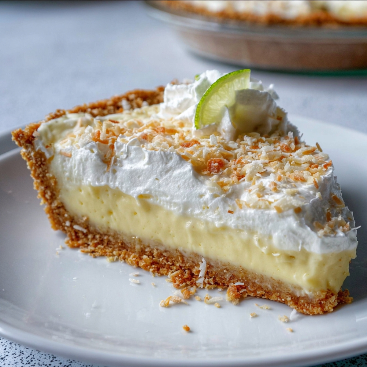 Homemade Atlantic Beach Pie Recipe on a white plate with a golden cracker crust, creamy lemon-lime filling, fluffy whipped cream, toasted coconut topping, and a small lime wedge garnish.