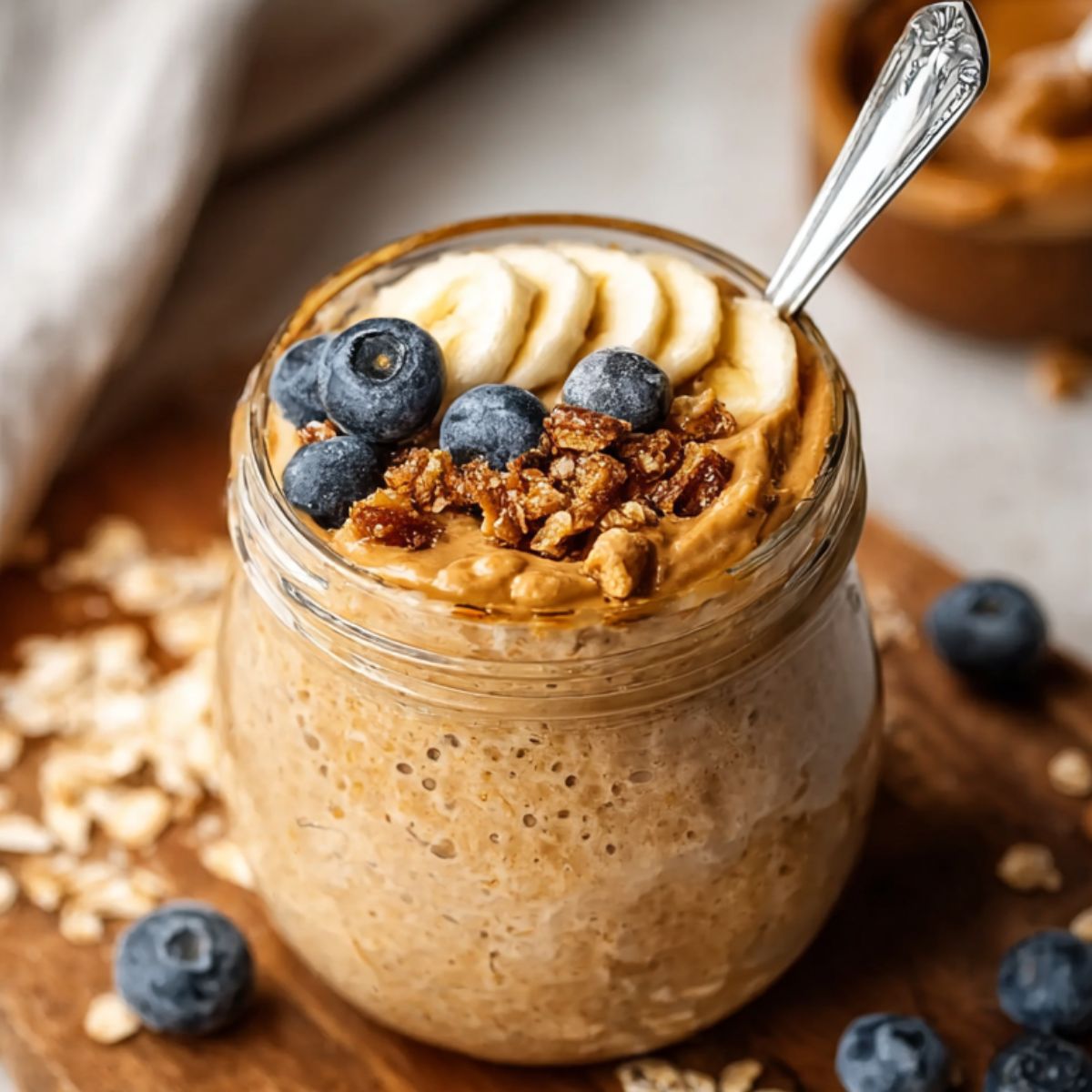 Homemade Blended Oats Recipe with peanut butter, banana slices, blueberries, and granola on a wooden board.