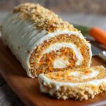 Homemade carrot cake roll filled with cream cheese frosting, sliced to reveal its spiral layers of moist spiced carrot cake and creamy filling, topped with frosting and sprinkled with golden crumbs on a wooden board.
