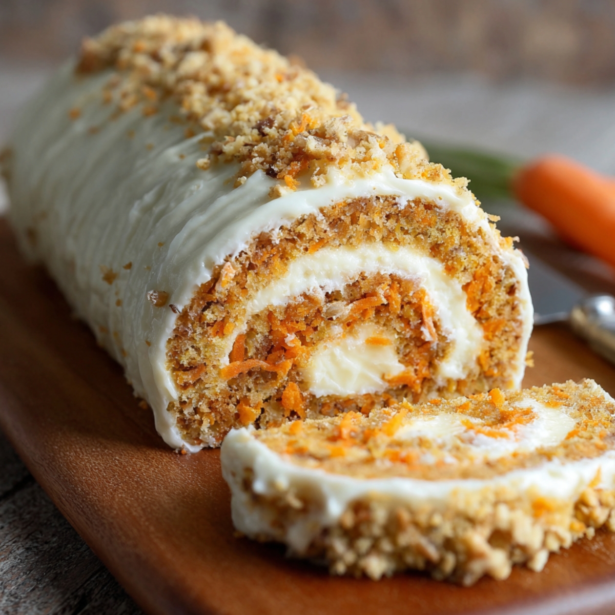 Homemade carrot cake roll filled with cream cheese frosting, sliced to reveal its spiral layers of moist spiced carrot cake and creamy filling, topped with frosting and sprinkled with golden crumbs on a wooden board.