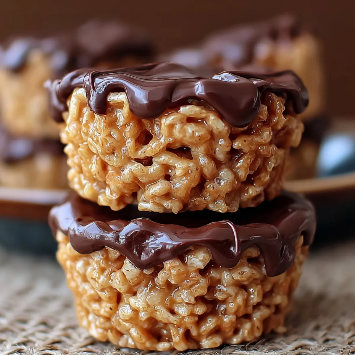Homemade Chocolate Peanut Butter Rice Krispie Cups with a golden peanut butter cereal base and glossy melted chocolate topping, on a rustic woven surface.