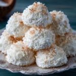 Homemade coconut meringue cookies stacked on a vintage patterned plate, with golden toasted coconut edges and a rustic homemade look.