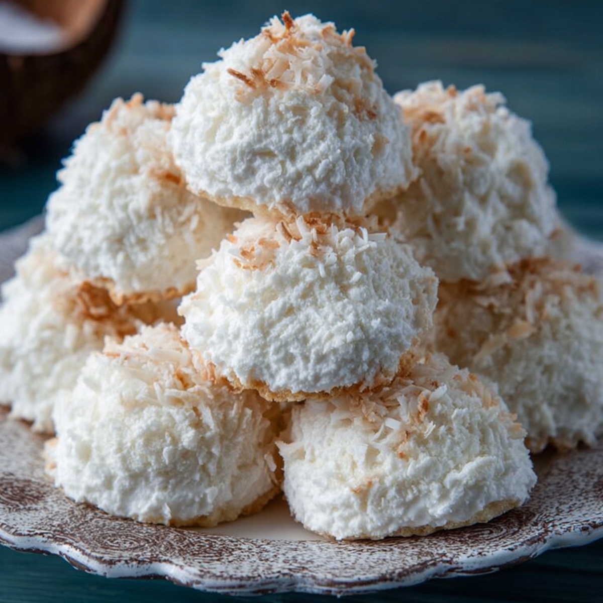 Homemade coconut meringue cookies stacked on a vintage patterned plate, with golden toasted coconut edges and a rustic homemade look.