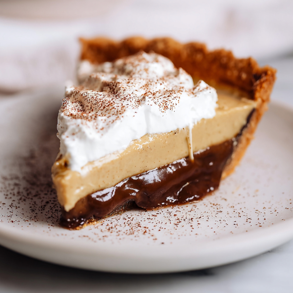 Homemade Coffee Custard Pie Recipe with flaky crust, creamy coffee filling, whipped cream topping, and cocoa dusting on a white plate with red rim.