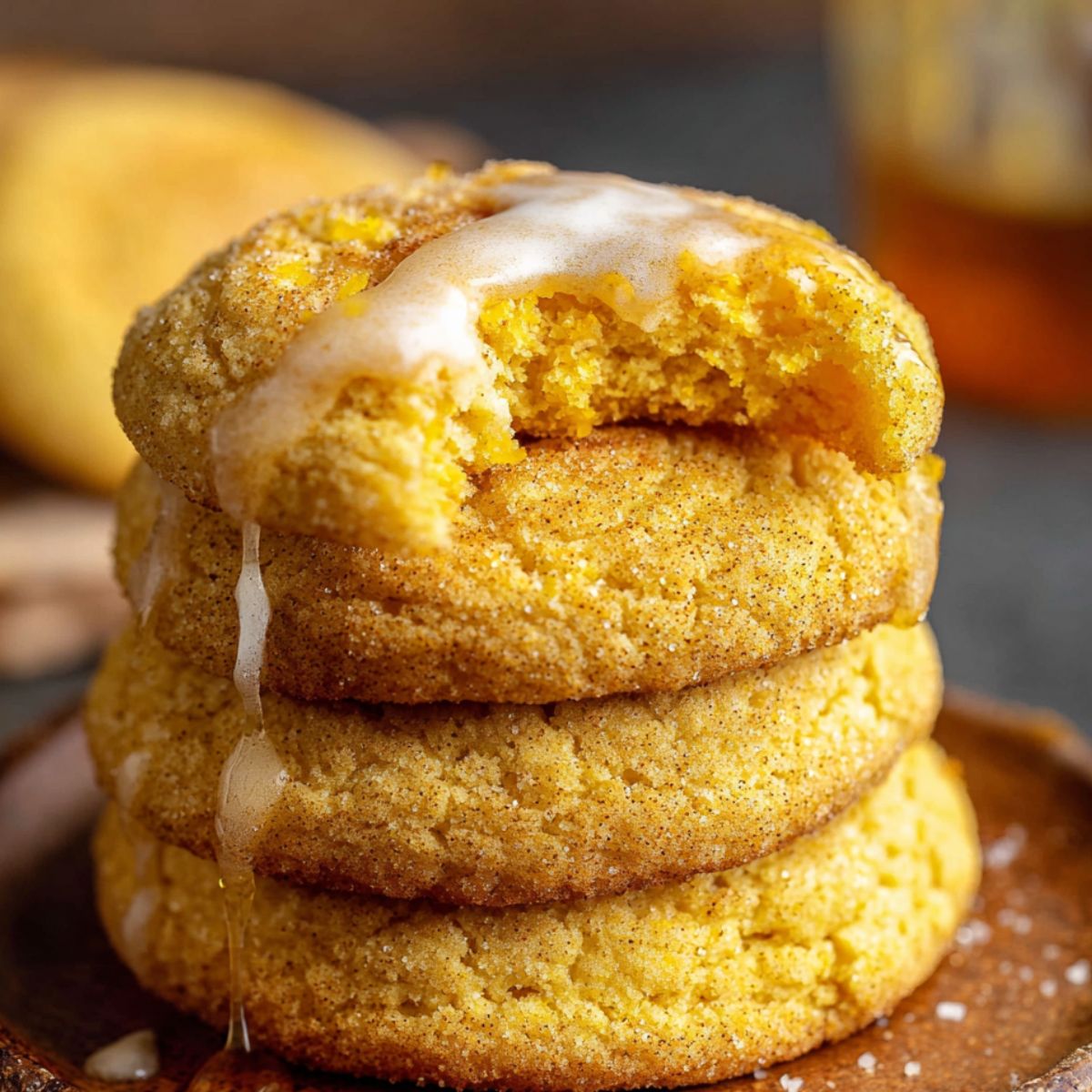 Homemade Cornbread Cookies Recipe with cinnamon sugar, one bitten to reveal a soft interior, topped with a cinnamon glaze. Warm, rustic background.