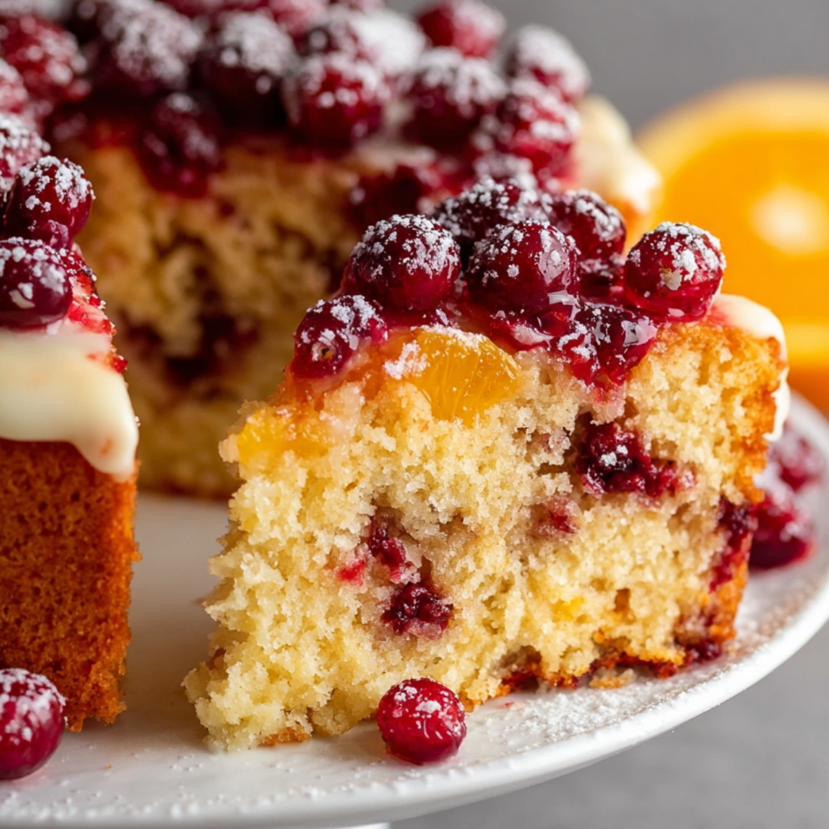 Homemade cranberry orange bundt cake with glaze, cranberries, and powdered sugar.