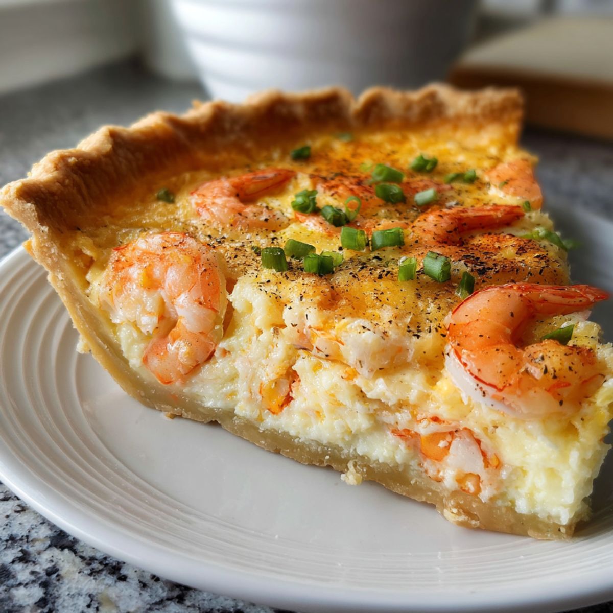 Homemade Florida Shrimp Pie Recipe with golden crust, creamy shrimp filling, black pepper, and green onion garnish on a white plate.