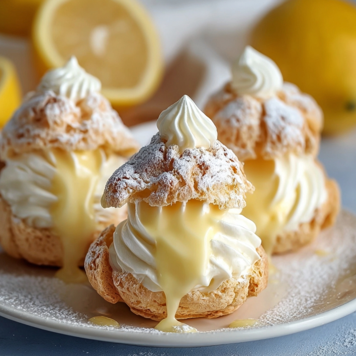 Homemade lemon cream puffs filled with whipped cream and lemon curd, dusted with powdered sugar, on a white plate with fresh lemons in the background.