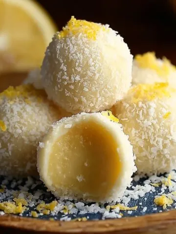 Homemade lemon truffles coated in coconut with creamy lemon filling.