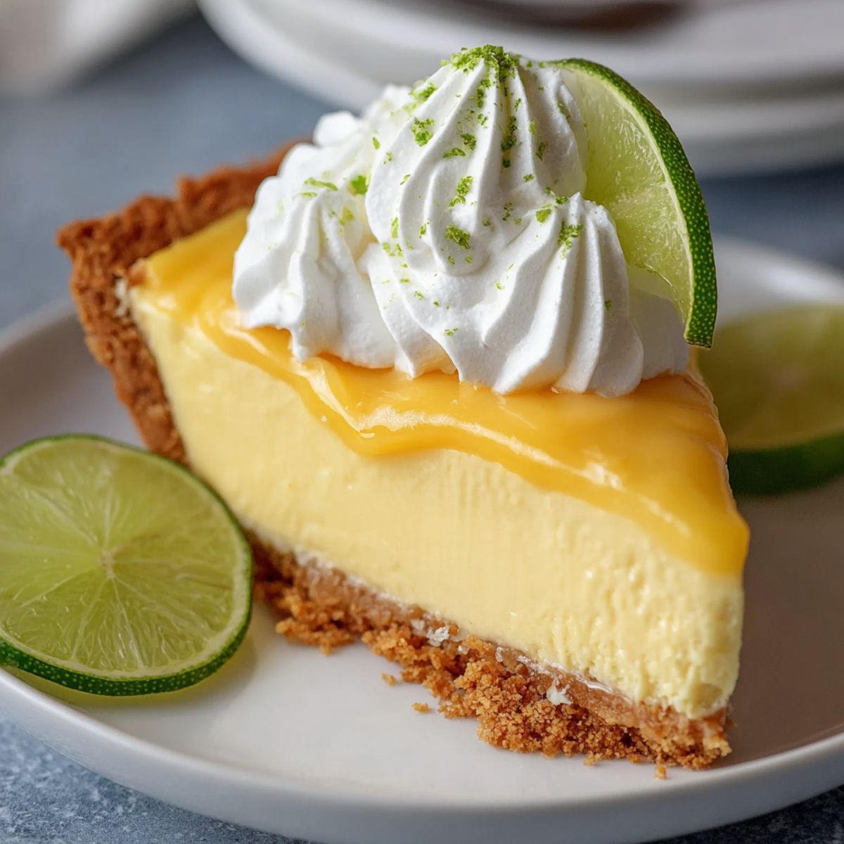 Homemade Mango Key Lime Pie Recipe with a graham cracker crust, creamy yellow filling, topped with mango glaze, whipped cream, fresh lime slices, and a mint sprig, served on a white plate.