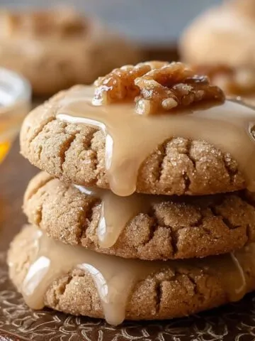 Homemade Maple Cookies Recipe topped with glossy maple glaze and chopped nuts, with glaze dripping down the top cookie, on a rustic tray with scattered nut pieces.