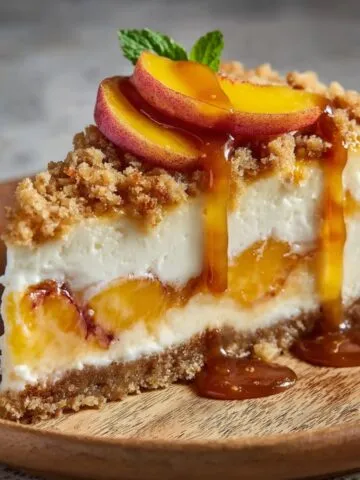 Homemade Peach Crumble Cheesecake Recipe on a wooden plate, featuring creamy layers, caramelized peach slices, a crumbled topping, and golden caramel sauce dripping down the side. A mint sprig garnishes the top.