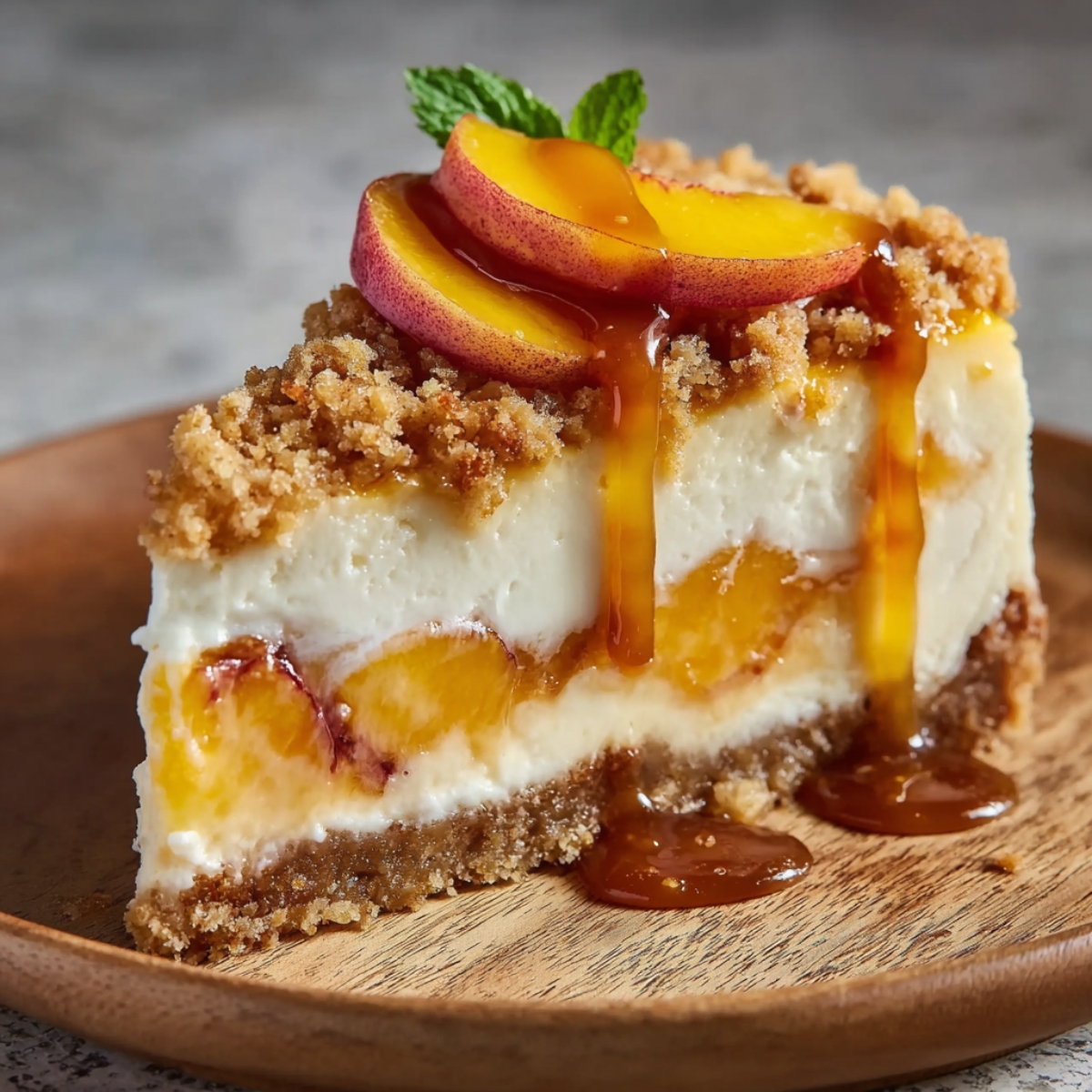 Homemade Peach Crumble Cheesecake Recipe on a wooden plate, featuring creamy layers, caramelized peach slices, a crumbled topping, and golden caramel sauce dripping down the side. A mint sprig garnishes the top.