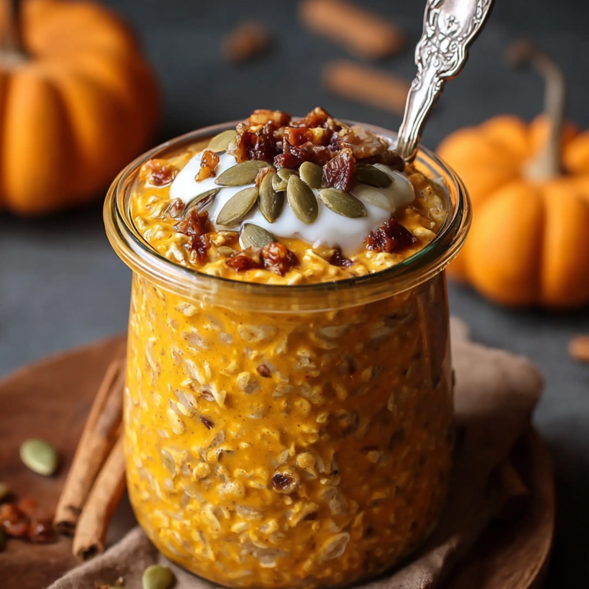 Homemade Pumpkin Overnight Oats Recipe topped with yogurt, pumpkin seeds, and dates, with a spoon and pumpkins in the background.