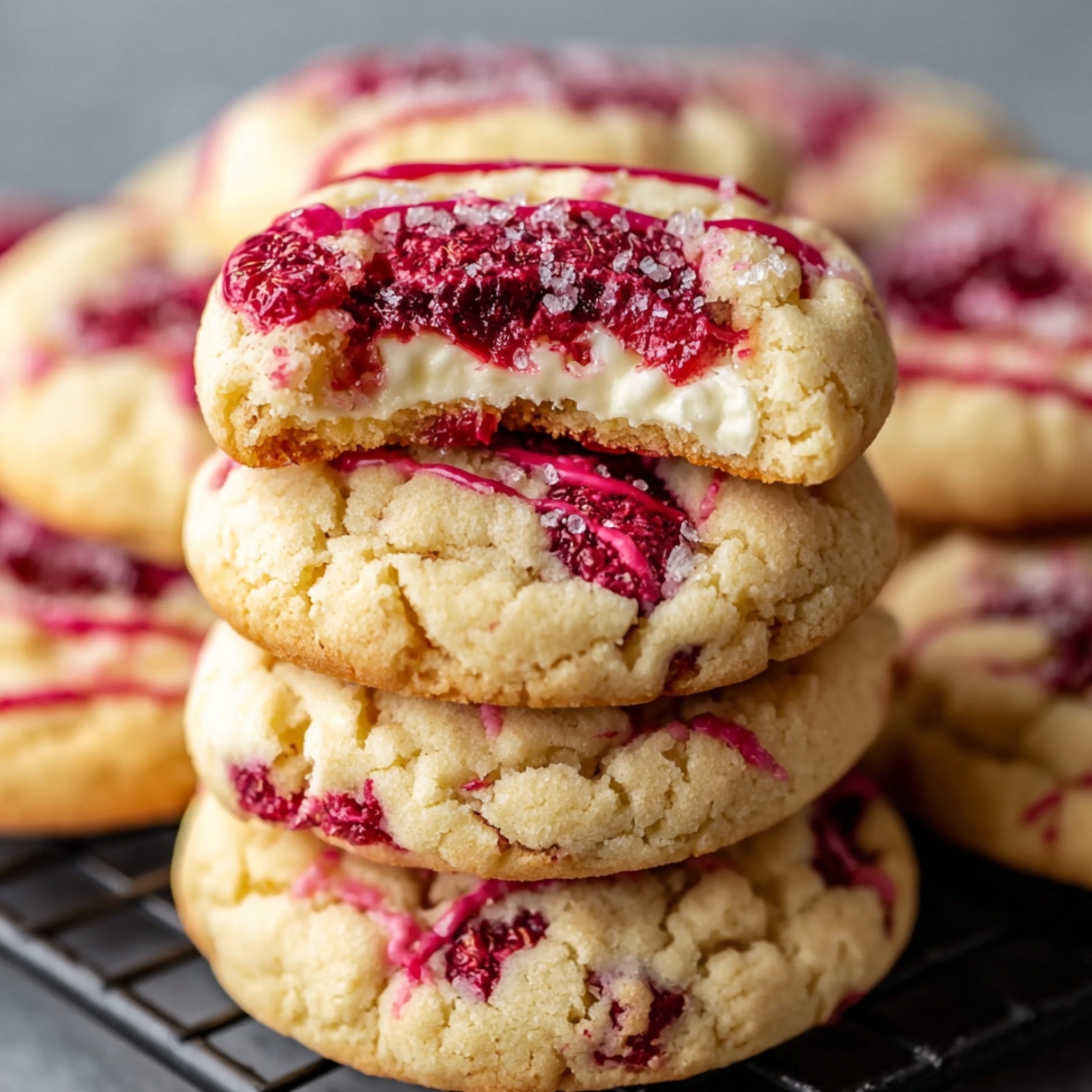 Homemade raspberry cheesecake cookies with creamy filling and baked raspberries on top.