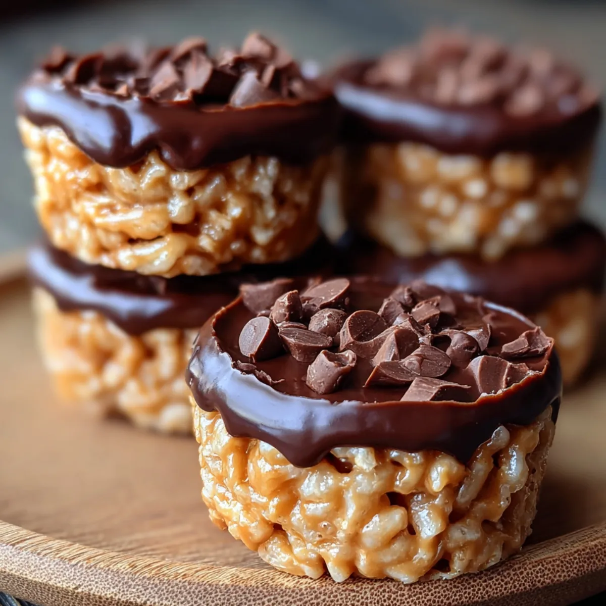 Two stacked homemade Chocolate Peanut Butter Rice Krispie Cups with a golden peanut butter base and glossy melted chocolate topping, on a dark slate surface.