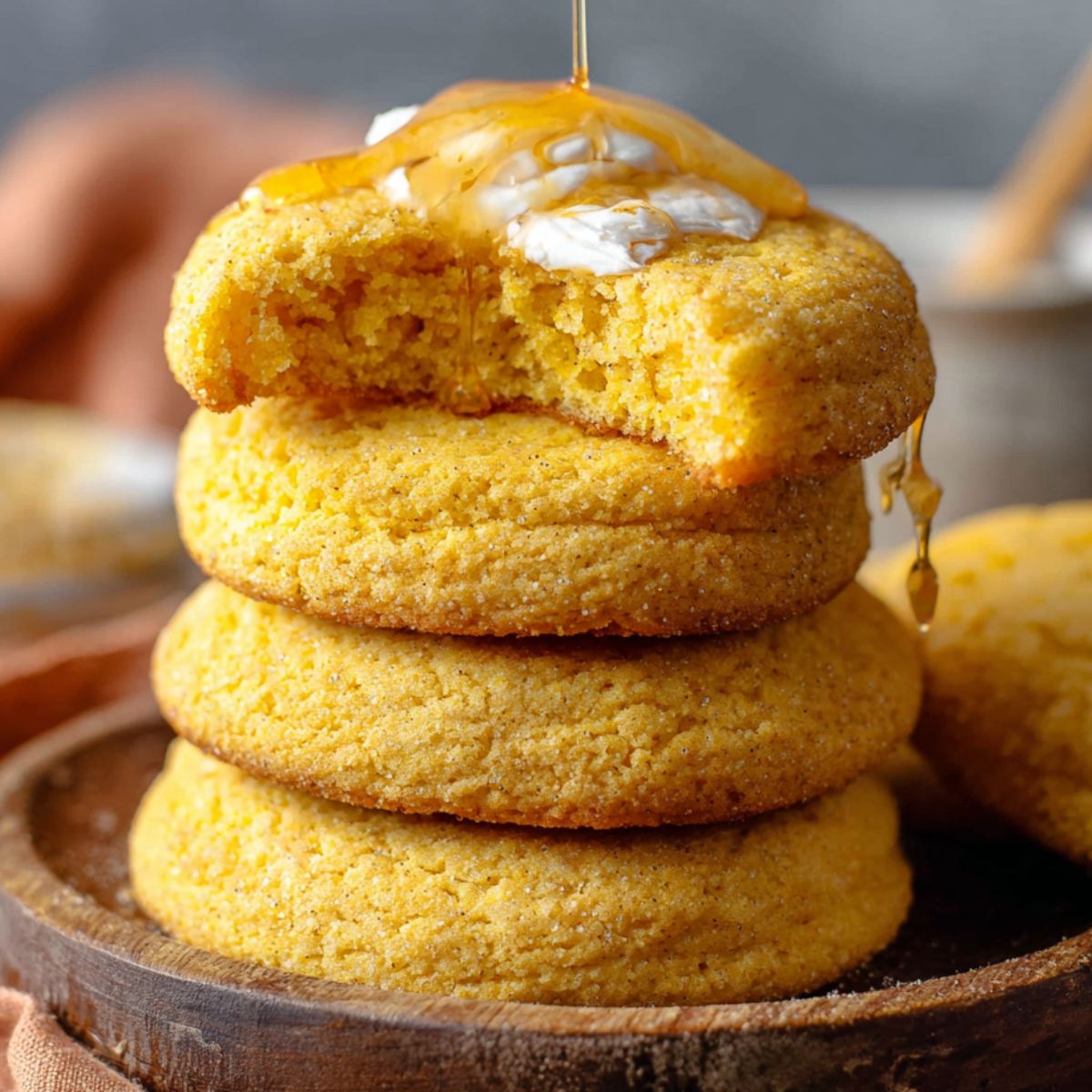 Three homemade cornbread cookies stacked on a wooden plate. The top cookie is bitten, with butter and honey dripping down.
