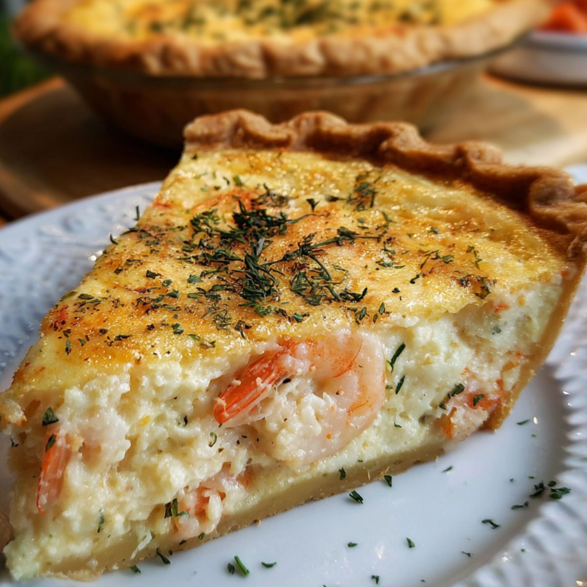 A slice of homemade Florida shrimp pie with golden crust, creamy filling, visible shrimp, and herb topping on a white plate.
