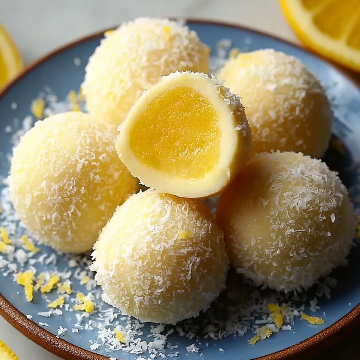 Homemade lemon truffles coated in coconut with creamy lemon filling.