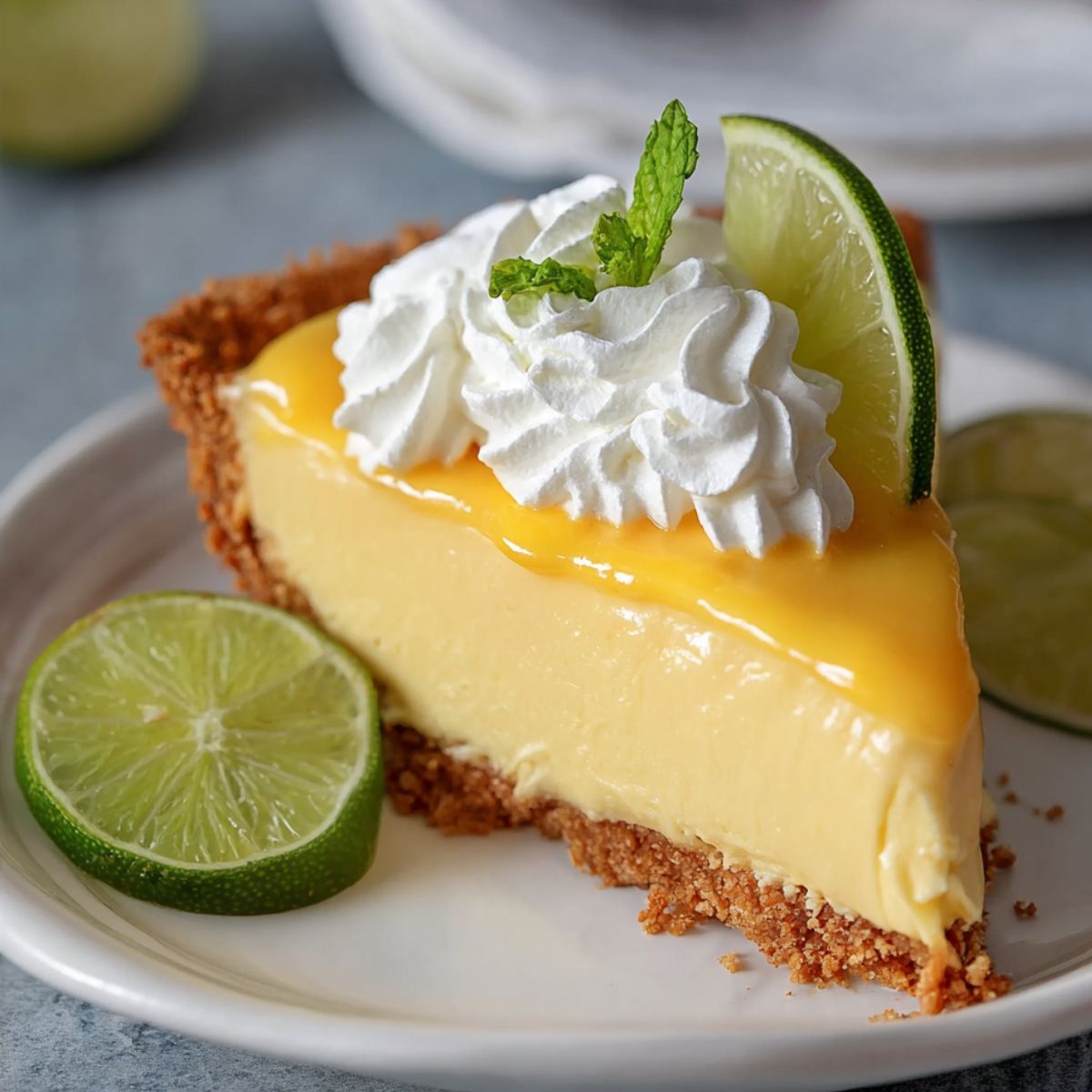 Mango Key Lime Pie Recipe with a graham cracker crust, creamy yellow filling, topped with mango glaze, whipped cream, fresh lime slices, and a mint sprig, served on a white plate.