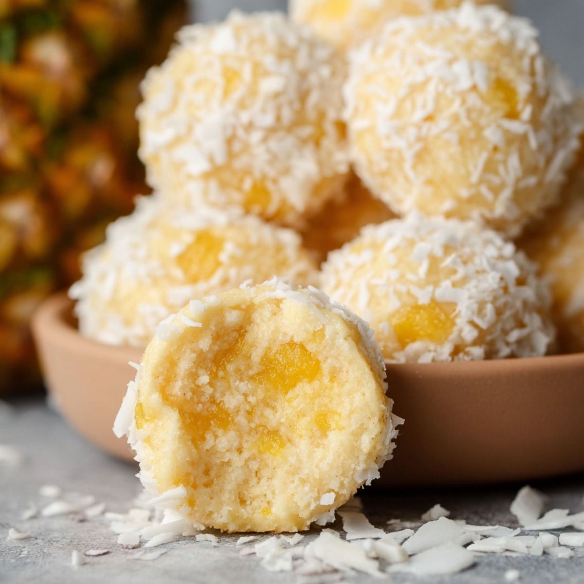 Homemade pineapple coconut balls coated in shredded coconut, with one cut open to show the soft, fruity center.