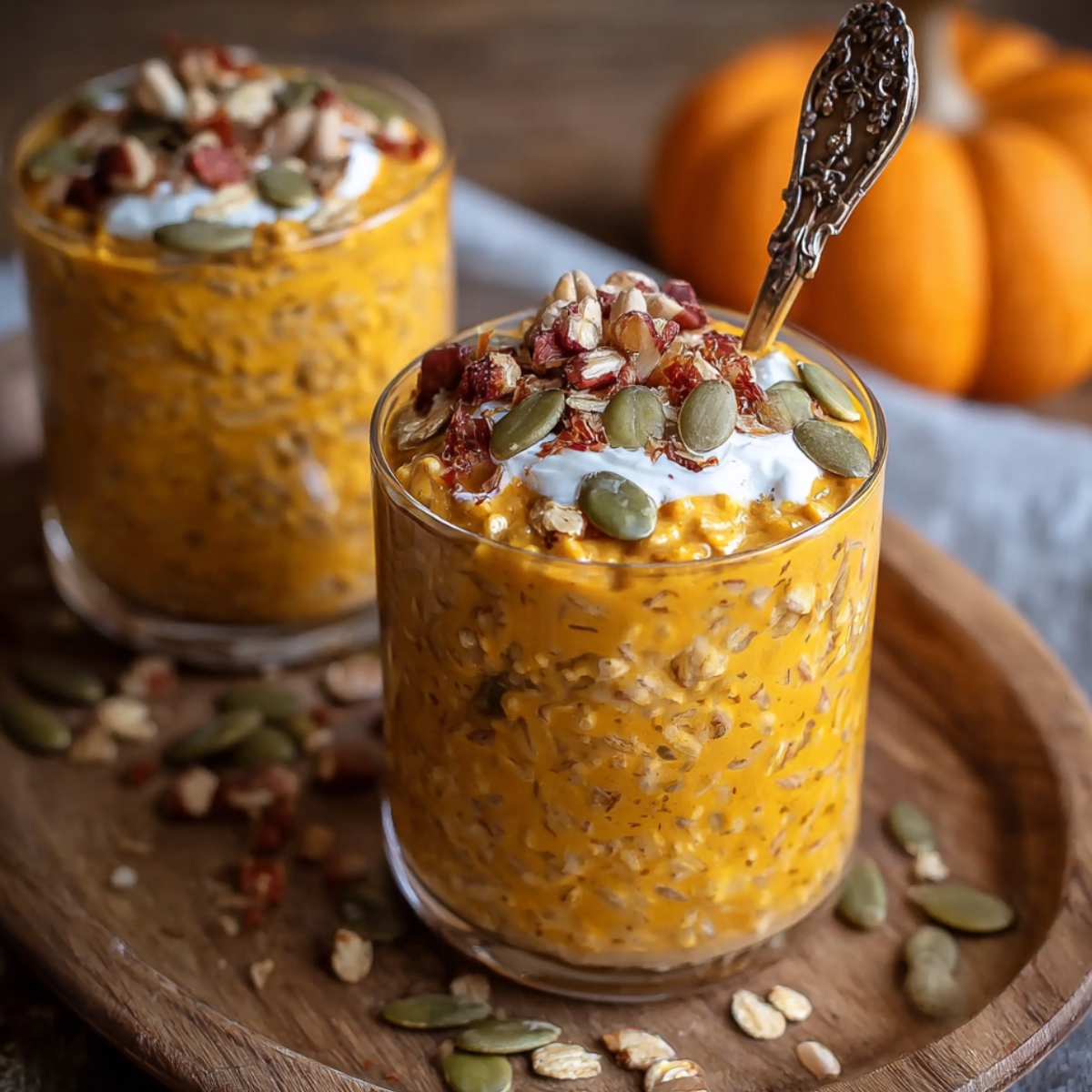Pumpkin overnight oats in glass cups topped with yogurt, nuts, and pumpkin seeds on a wooden tray.