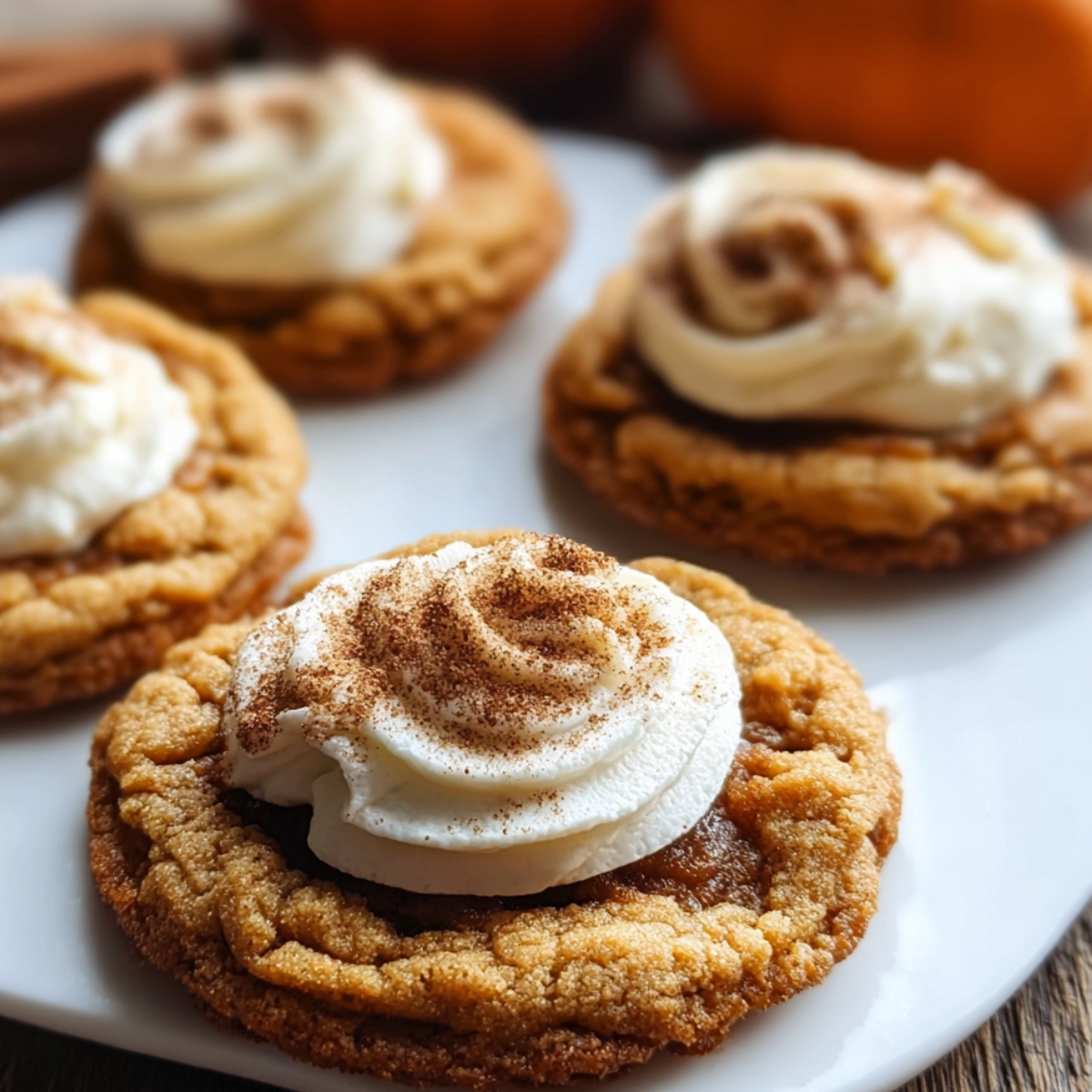 Close-up of homemade pumpkin pie cookie topped with swirls of whipped frosting and a sprinkle of cinnamon on a white surface.