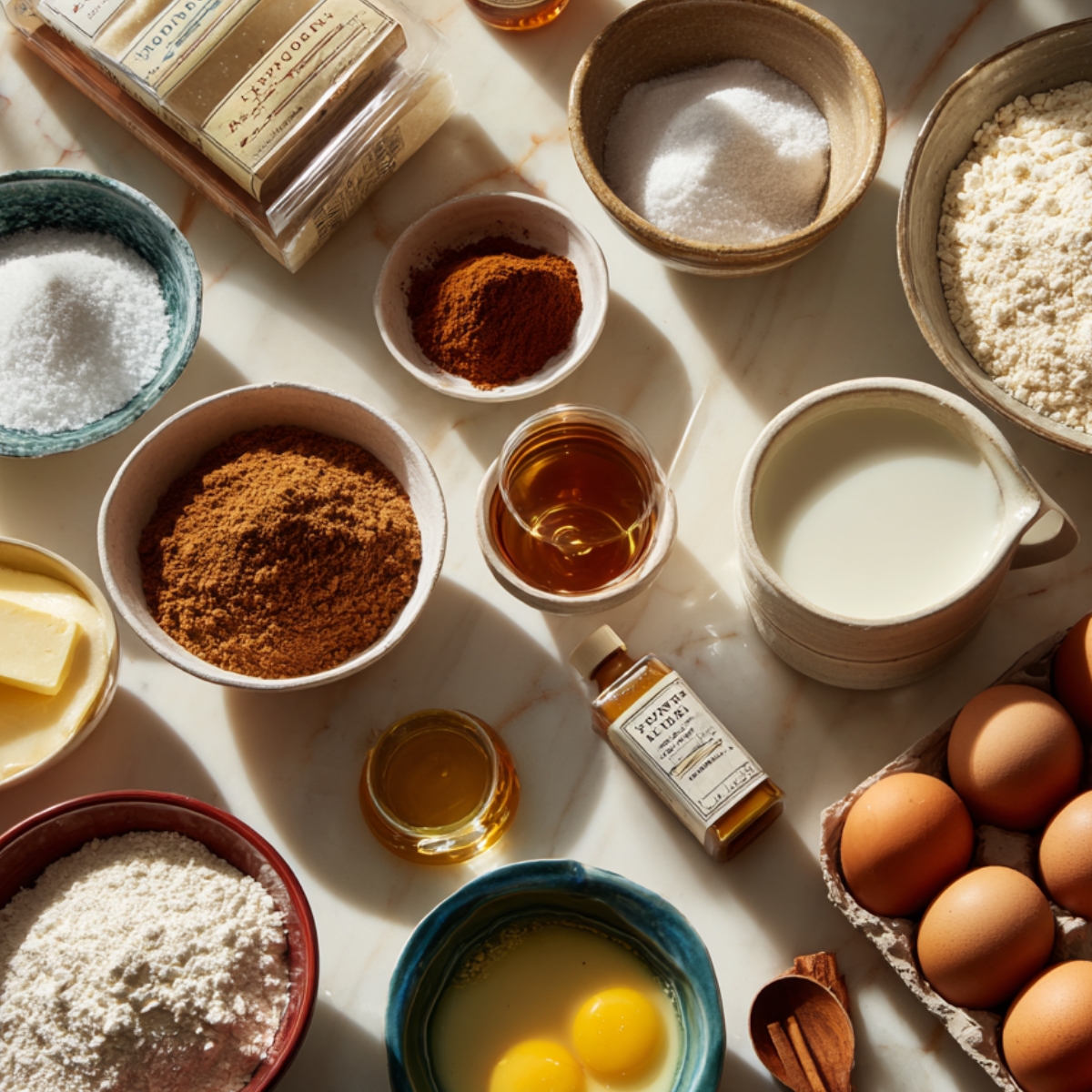 Overhead view of apple fritter ingredients: flour, sugar, cinnamon, nutmeg, milk, butter, eggs, vanilla, and honey arranged on a marble countertop.