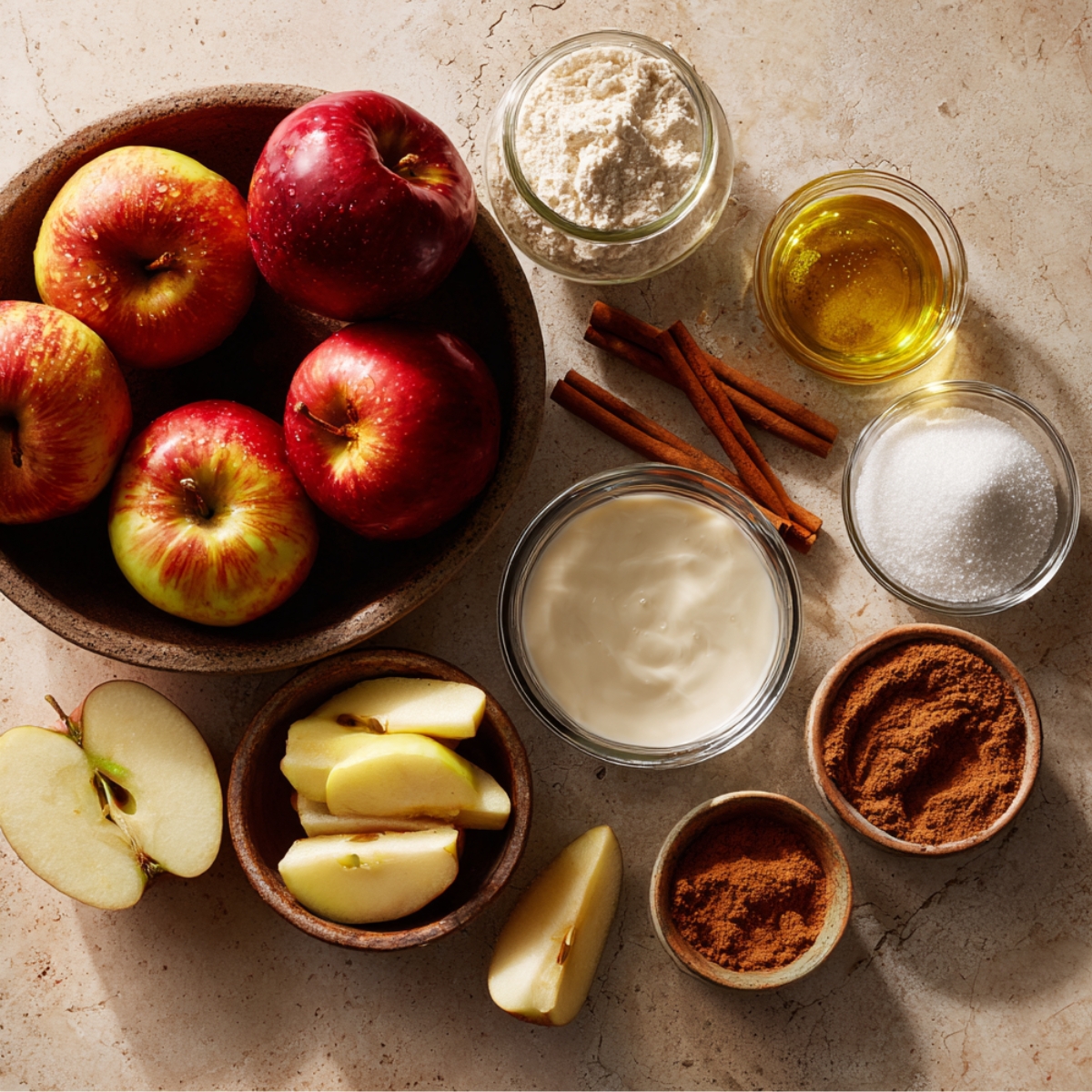 Overhead view of apple fritter ingredients: red apples, apple slices, flour, sugar, cinnamon, nutmeg, yogurt, oil, and cinnamon sticks on a stone countertop.