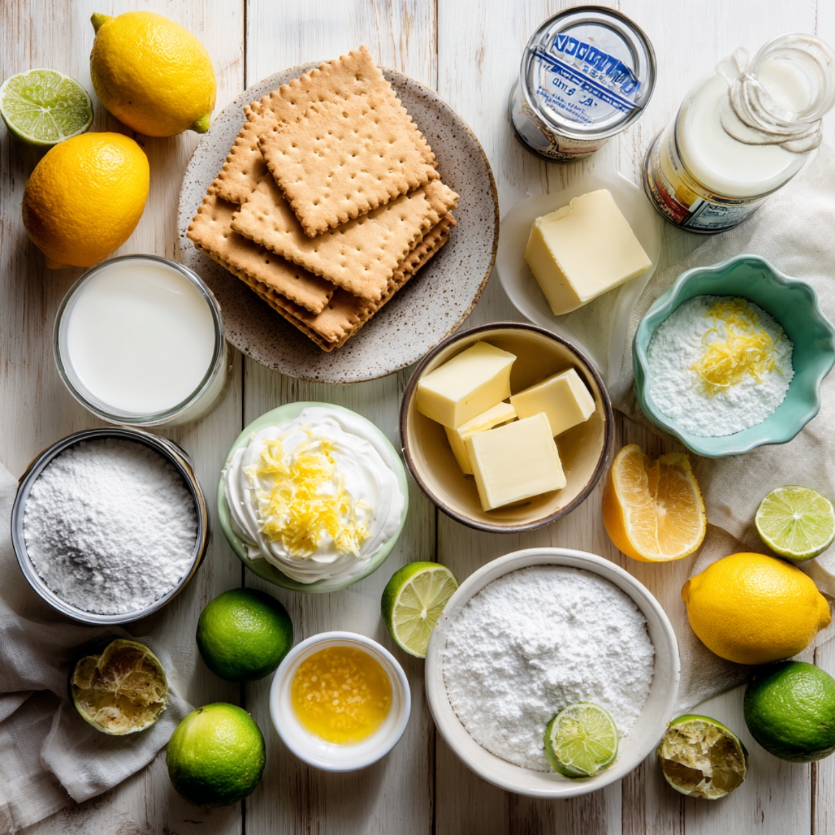 Flat lay of Atlantic Beach Pie ingredients on a rustic white table: saltine crackers, lemons, limes, butter, sweetened condensed milk, powdered sugar, and whipped cream with zest.