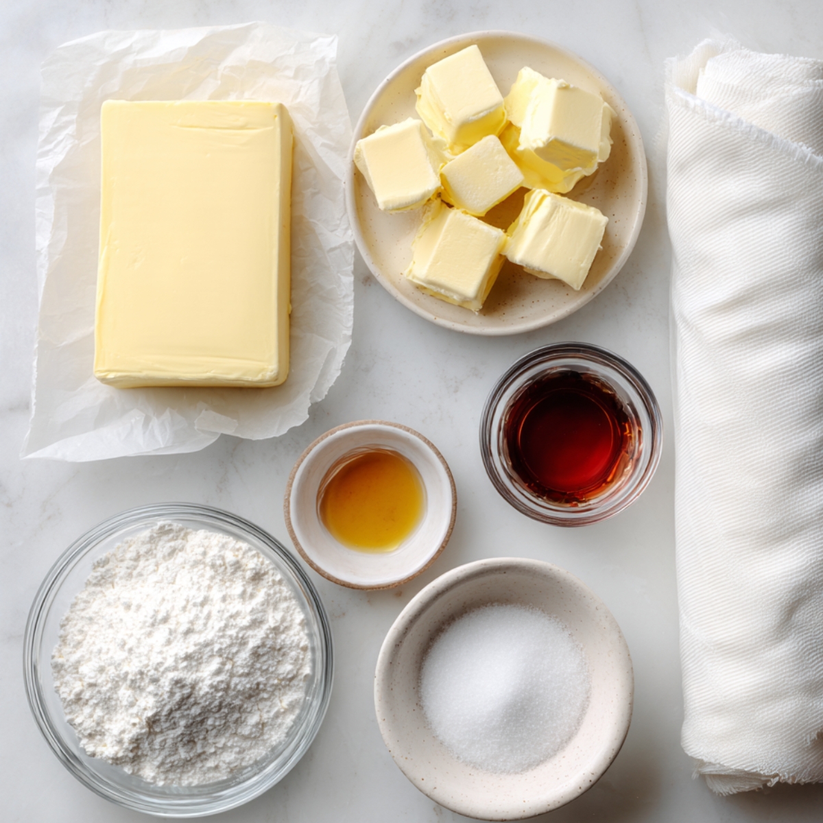 Ingredients for a homemade carrot cake roll displayed on a white surface, including a block of butter, cubed butter on a plate, powdered sugar, granulated sugar, vanilla extract, a small dish of amber vanilla, and a folded kitchen towel for assembly.
