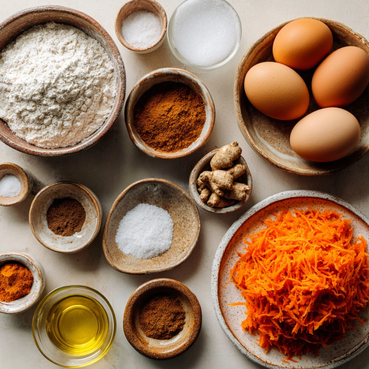 Ingredients for a homemade carrot cake roll laid out on a light surface, including flour, sugar, eggs, grated carrots, ground cinnamon, ginger, nutmeg, salt, and vegetable oil in small rustic bowls.