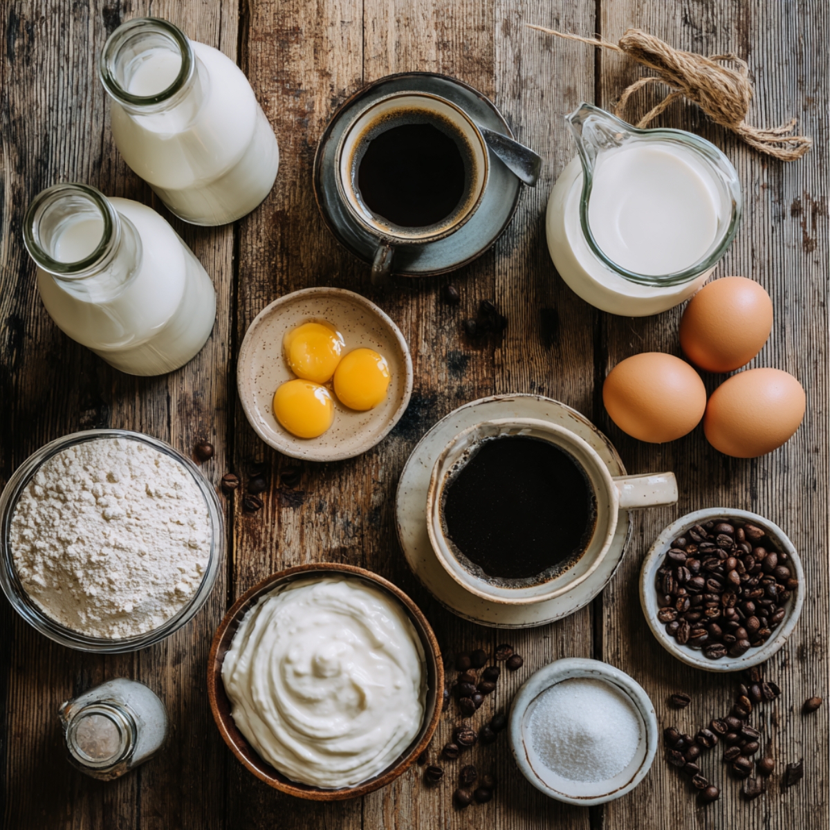 Rustic wooden table with ingredients for coffee custard pie: milk bottles, cream pitcher, cups of black coffee, eggs, egg yolks, flour, sugar, salt, cornstarch, whipped cream, and coffee beans.