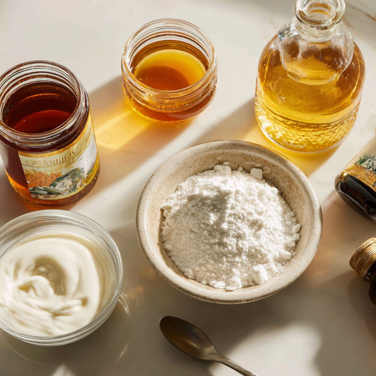 Assorted cornbread cookie ingredients laid out on a sunlit kitchen counter, including honey, yogurt, flour, oil, and vanilla, all in glass jars and ceramic bowls for a cozy, homemade feel.