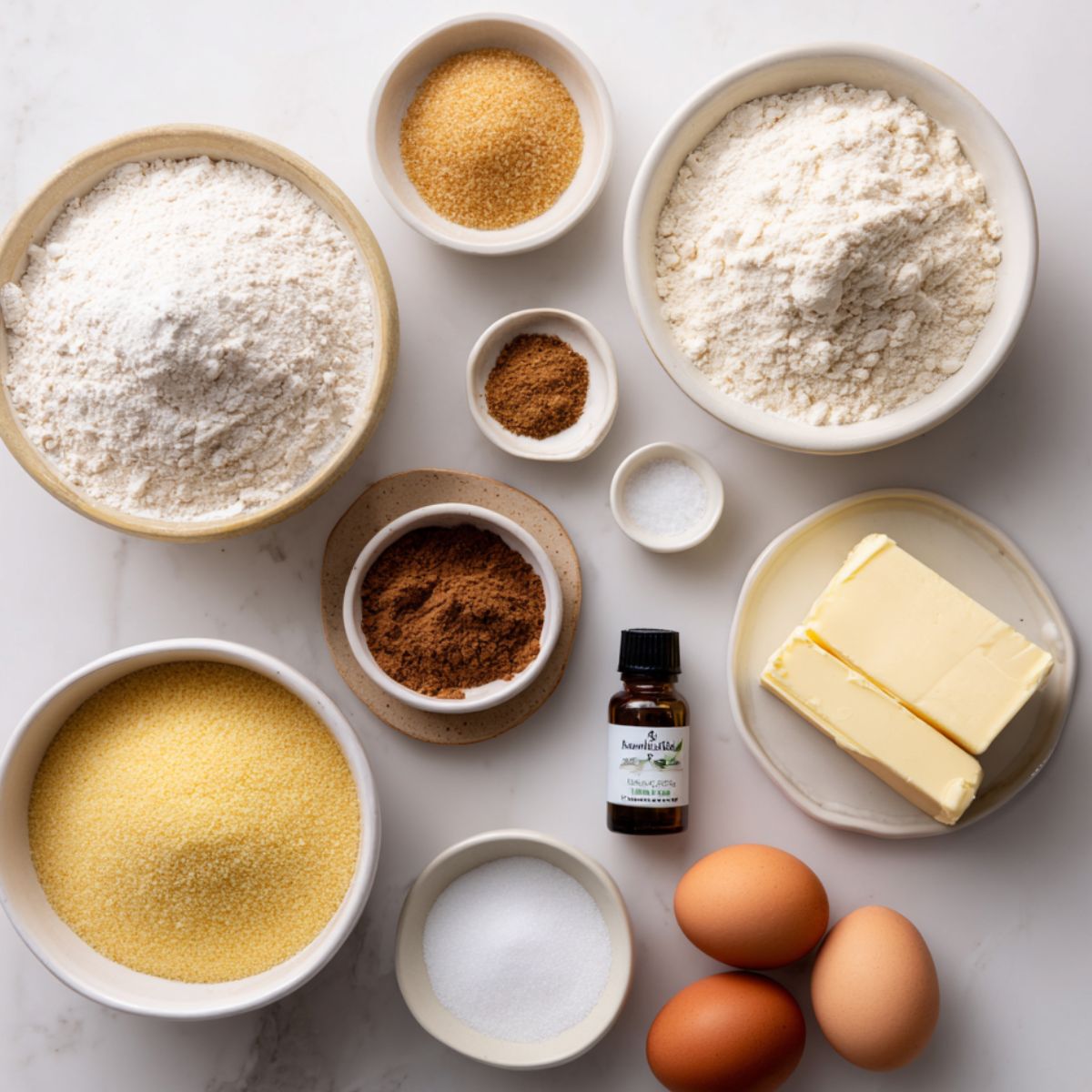 Overhead view of neatly arranged ingredients for cornbread cookies on a white marble surface, including granulated yellow cornmeal, two types of flour in ceramic bowls, brown and white sugars, ground cinnamon, salt, three brown eggs, a small bottle of vanilla extract, and sticks of butter on a small ceramic plate.