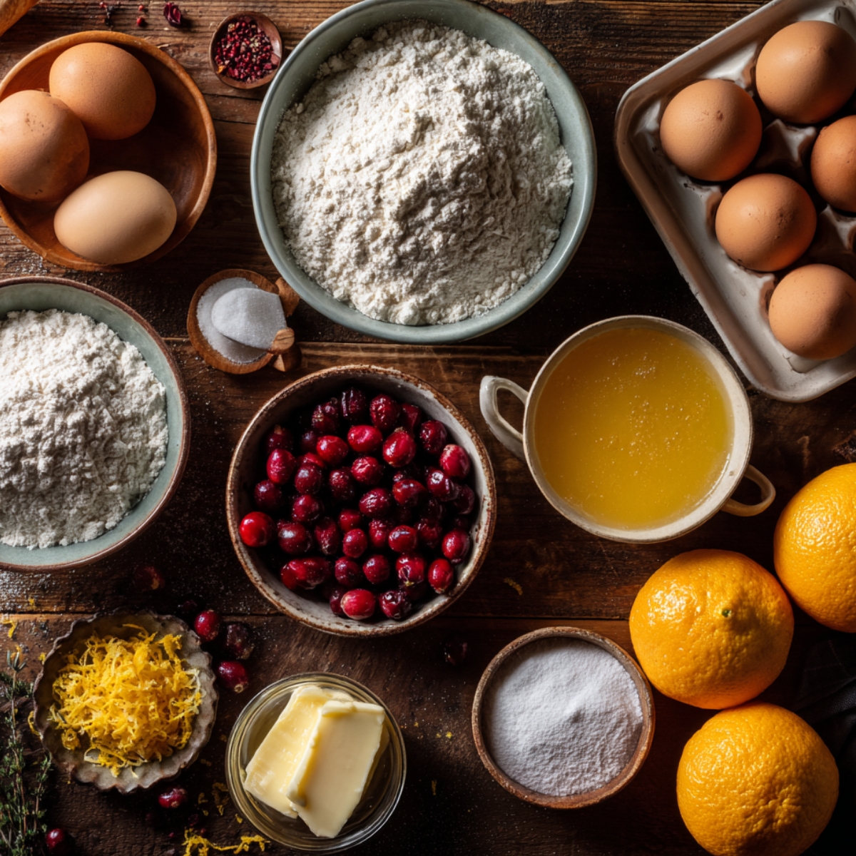 Flat lay of flour, cranberries, oranges, eggs, butter, and sugar for cranberry orange cake.