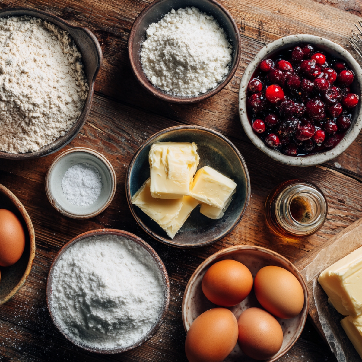 Flat lay of cranberries, flour, butter, eggs, and sugar for cranberry orange cake.