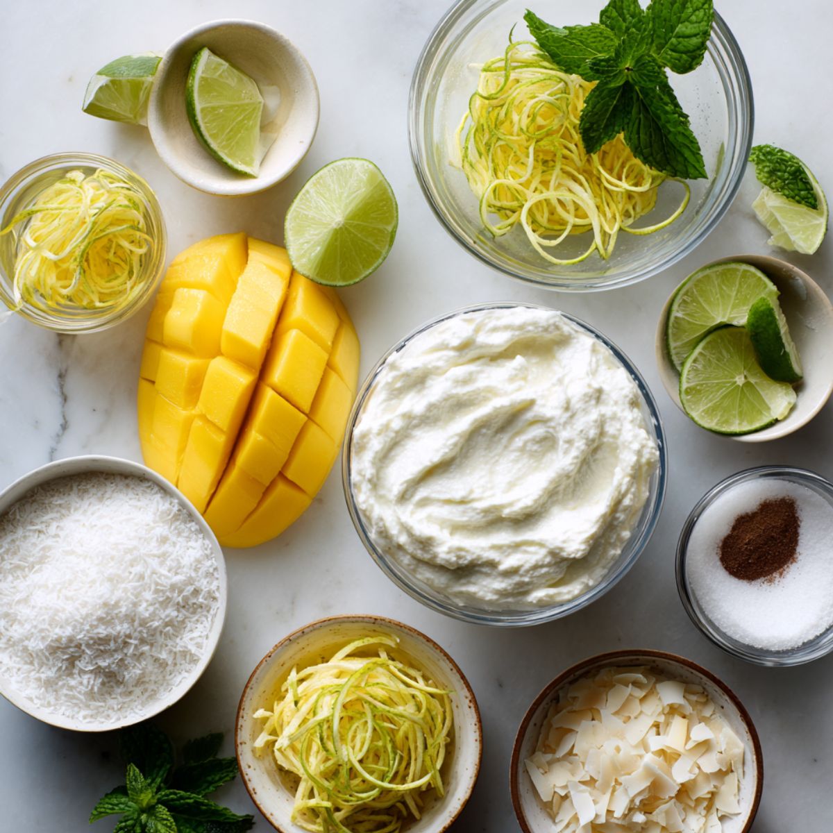 Fresh, real ingredients for a homemade Mango Key Lime Pie arranged on a marble surface — including cubed mango, whipped cream, lime slices, zest, coconut, and spices.