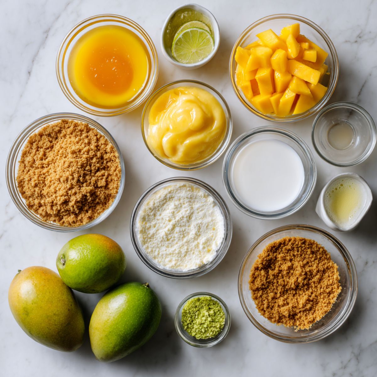 Real, homemade ingredients for Mango Key Lime Pie arranged on a marble surface, including fresh mangoes, graham crumbs, citrus, cream, and curd.