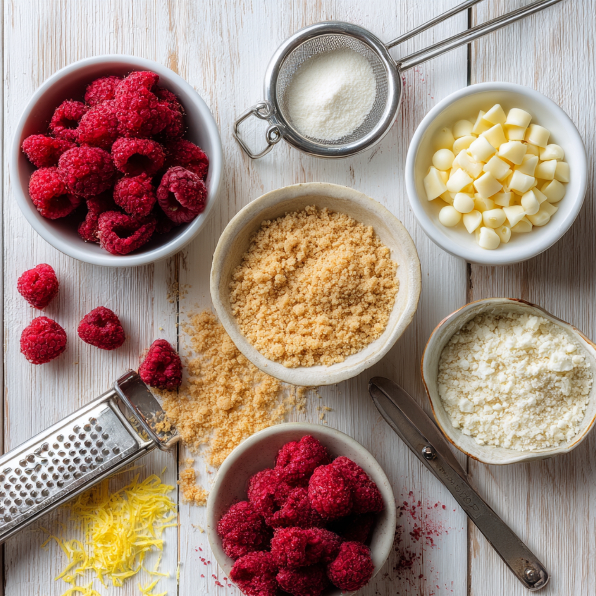 Raspberry cheesecake cookie ingredients with raspberries, white chocolate, crumbs, and lemon zest.
